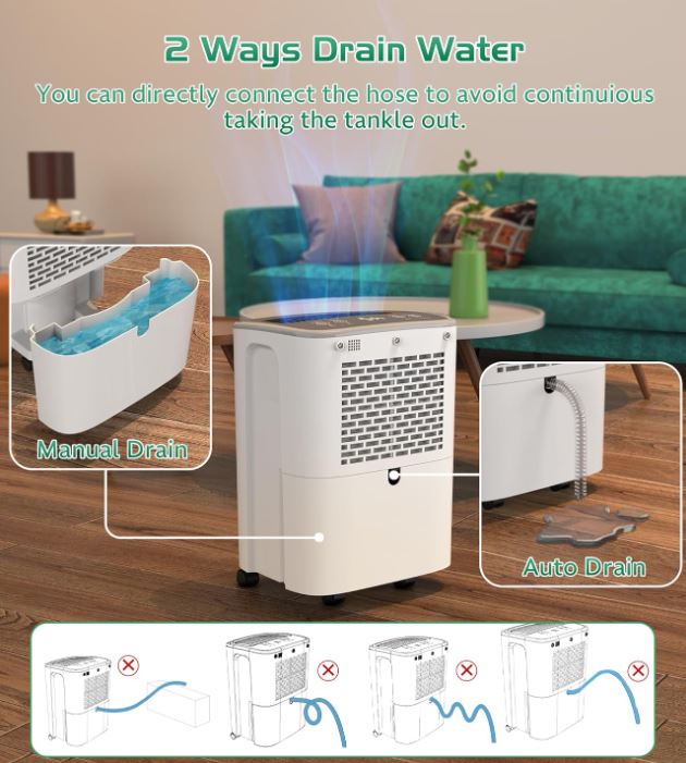 Dehumidifier 2500 Sq.Ft 30 Pint, Dehumidifiers with Drain Hose, 0.66 Gallon Water Tank, RUWORA Dehumidifiers for Home Basement Bedroom Bathroom, Overflow Protection, 24H Timer