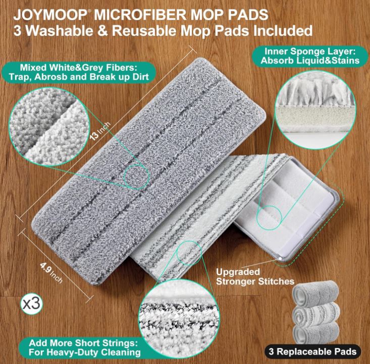 JOYMOOP Mop and Bucket with Wringer Set for Home, Flat Mop and Bucket System, Mops for Floor Cleaning and Wall Cleaner, with 3 Reusable Microfiber Mop Pads