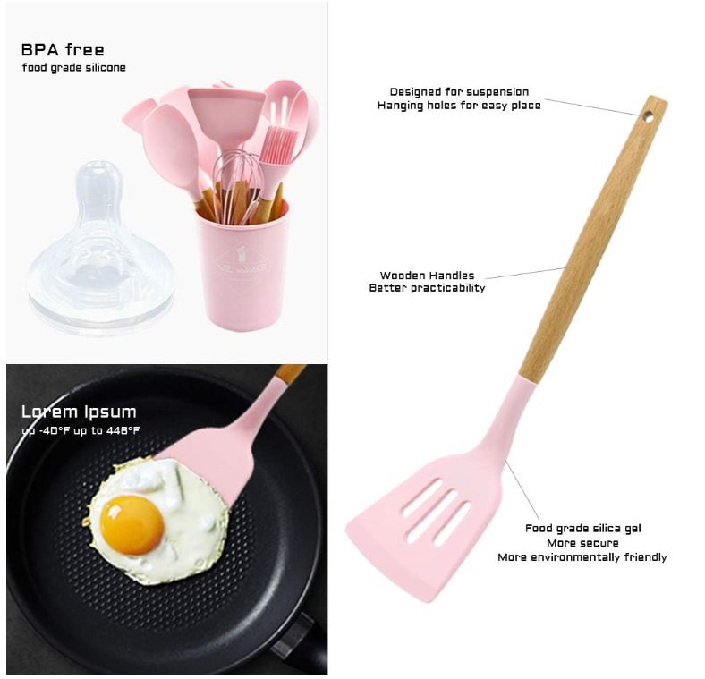 Silicone Kitchen Utensil Set, 11 Pieces Cooking Utensil with Wooden Handles, Utensil Holder for Nonstick Cookware, Spoon, Soup Ladle, Slotted Turner, Whisk, Tongs, Brush, Pasta Server (Pink)