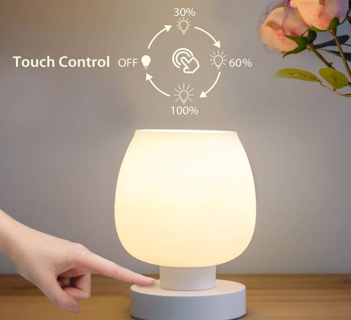 Lámpara de mesita de noche con control táctil de ONEWISH: lámpara de mesa moderna para dormitorio, sala de estar, lectura, vidrio opalino blanco, bombilla LED, lámpara de escritorio regulable de 3 vías 