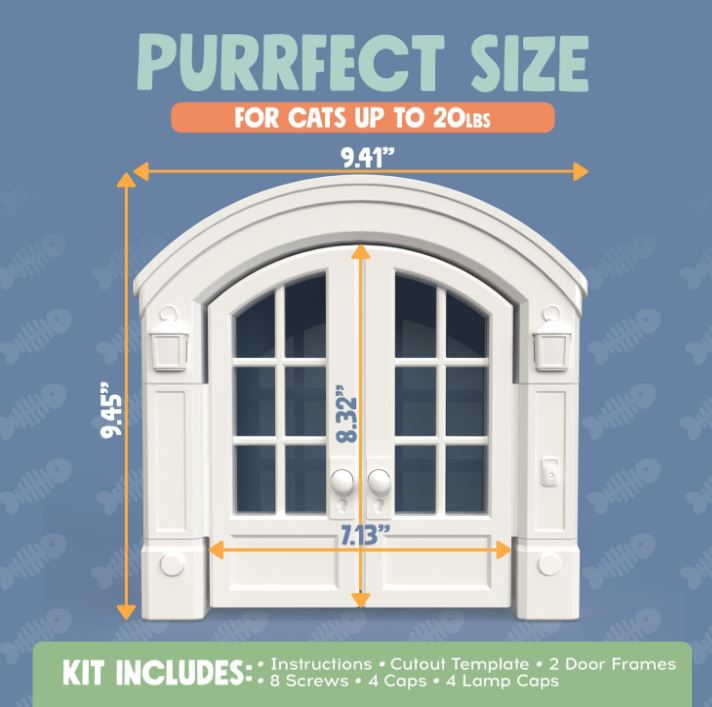 Purrfect Portal French Cat Door - Stylish No-Flap Cat Door Interior Door for Average-Sized Cats Up to 20 lbs, Easy DIY Setup, Secured Installation in Minutes, No Training Needed, 7.13 x 8.32”