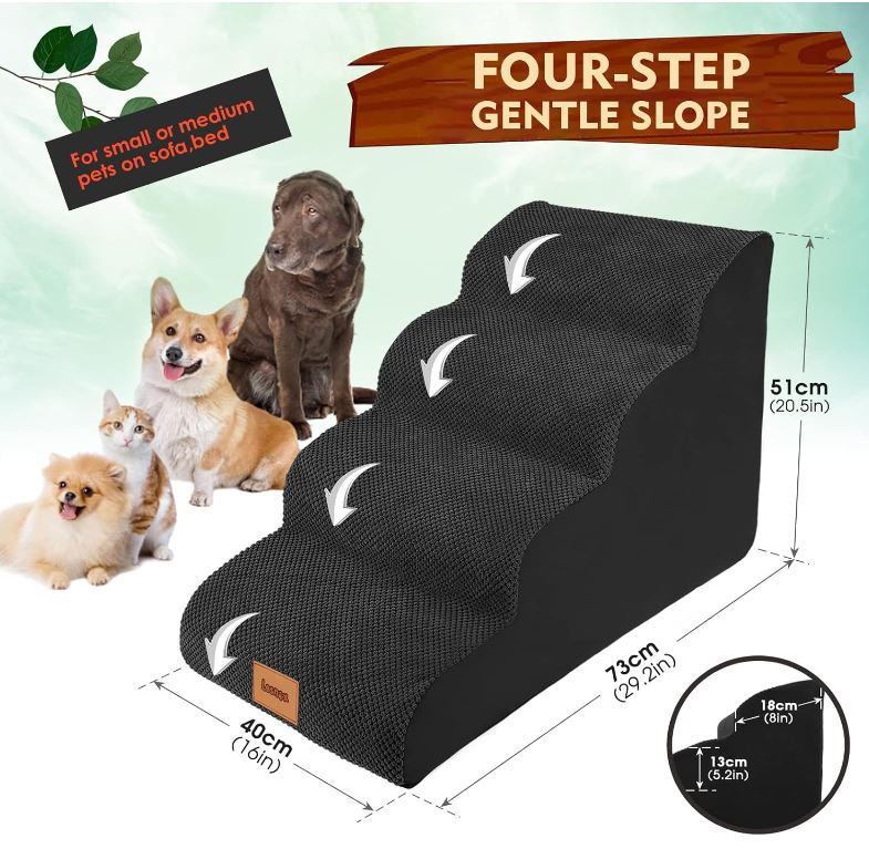 Dog Stairs for Bed, 4-Step, 30D Foam Pet Stairs/Steps with Waterproof Cover, Non-Slip, Dog Ramp/Ladder for Couch Sofa Bed, Suitable for Small Dogs Cats with Old/Injured/Short-Legged, 20.5" H