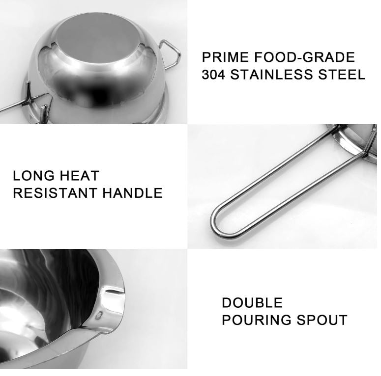 Double Boiler Pot Set, Stainless Steel Melting Pot with Silicone Spatula for Melting Chocolate, Butter, Cheese 600ml+ 1600 ml