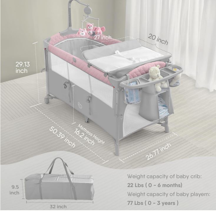 BabyBond Baby Bassinet Bedside Crib, Pack and Play with Sheet, Diaper Changing Table and Music Mobile from Newborn to Toddles, Portable Large Playard