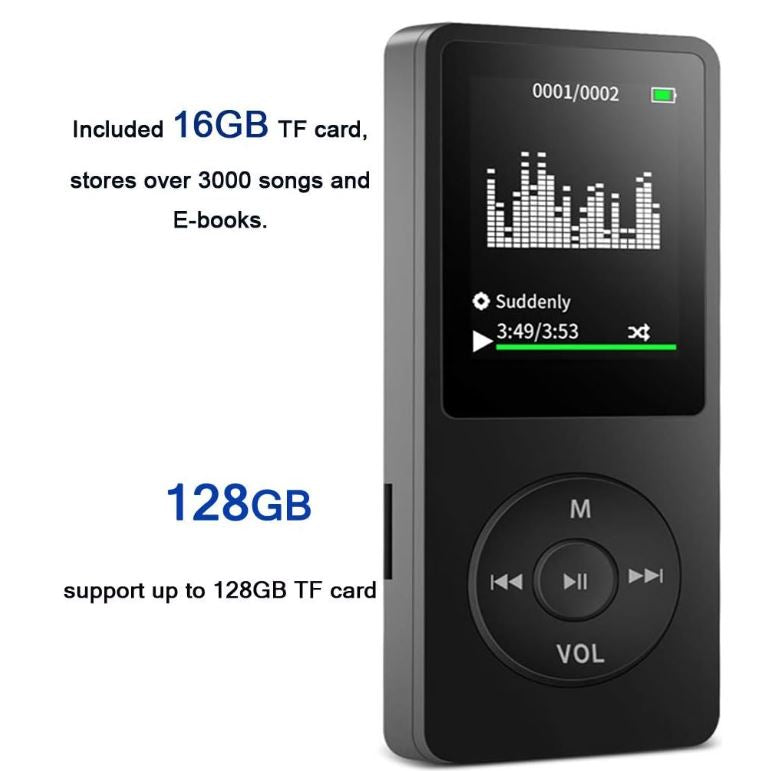 MP3 Player, Music Player with 16GB Micro SD Card, Build-in Speaker/Photo/Video Play/FM Radio/Voice Recorder/E-Book Reader, Supports up to 128GB