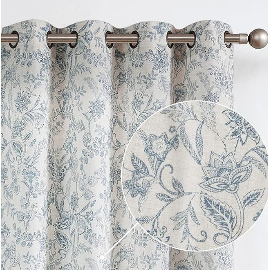 Lazzzy Linen Farmhouse Curtains for Living Room 84 Inch Length Floral Print Window Curtains Semi Sheer Drapes for Bedroom Country Light Filtering Curtain Grommet Top 2 Panels Blue on Beige