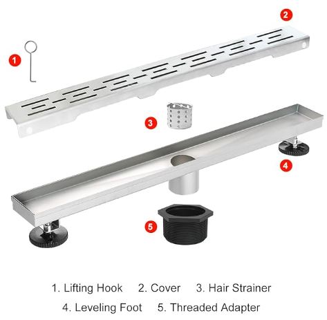 SaniteModar Linear Shower Drain, Shower Drain 36 inch High Flow Rate Removable Grate, Brushed 304 Stainless Steel Linear Drain with Hair Strainer & Adjustable Leveling Feet