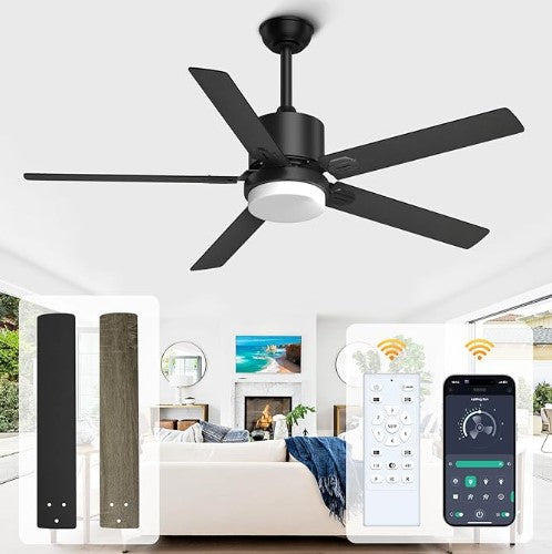 Black Ceiling Fans with Lights - Outdoor Ceiling Fan with Remote/APP Control, 52 Inch Modern Ceiling Fan for Patio, Bedroom Living Room