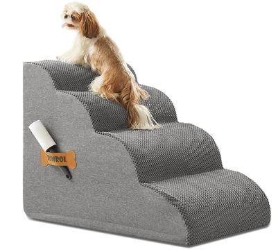 Dog Stairs, Romrol Dog Steps Ramp for High Bed and Couch, Dog Ramp with Durable Non-Slip Waterproof Fabric Cover, Pet Stairs for Small Dogs and Cats or Pets Joints, 4-Tiers,Grey