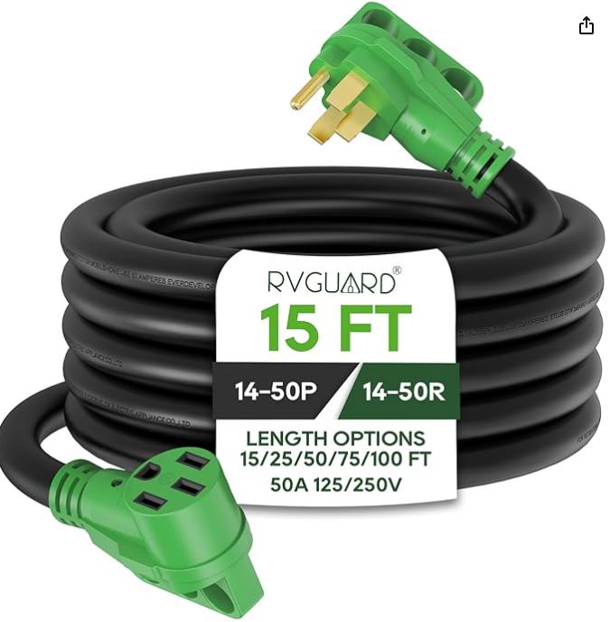 RVGUARD 50 Amp 15 Foot RV/EV Extension Cord, NEMA 14-50P/R Heavy Duty Extension Cord with LED Power Indicator and Cord Organizer, Green, ETL Listed