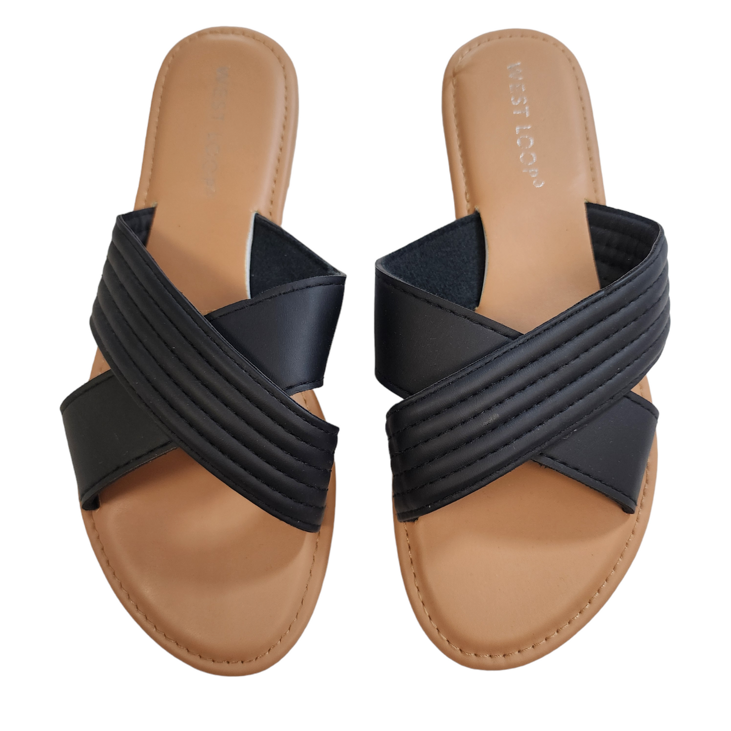 West Loop Women's Sandals Slides Cushioned Insole Faux Leather Cross Strap Black