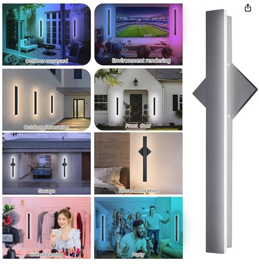 2-Packs Outdoor RGB Wall Light: 28W Modern Wall Sconce Fixture Rectangular Black LED Wall Lamp - 23.5 Inches - IP65 Waterproof Anti Rust for House Courtyard Balcony Porch