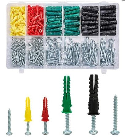 T.K.Excellent Plastic Drywall Anchors and Screws Kit, Ribbed Anchors Assortment Screws Kit, Wall Anchor Kit 400Pcs