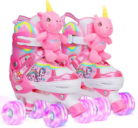 XS Unicorn Doll Kids Toddler Roller Skates for Girls,WESKIFAN Quad Skating Shoes with Shiny Light up Wheels&Adjustable Sizes Beginners rollerskates for Birthday Xmas Gifts