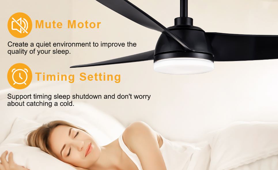 Modern Black 52 inch Ceiling Fan with Light, DC Motor, 6 Speeds, Remote Control, Indoor, Flat Black Finish