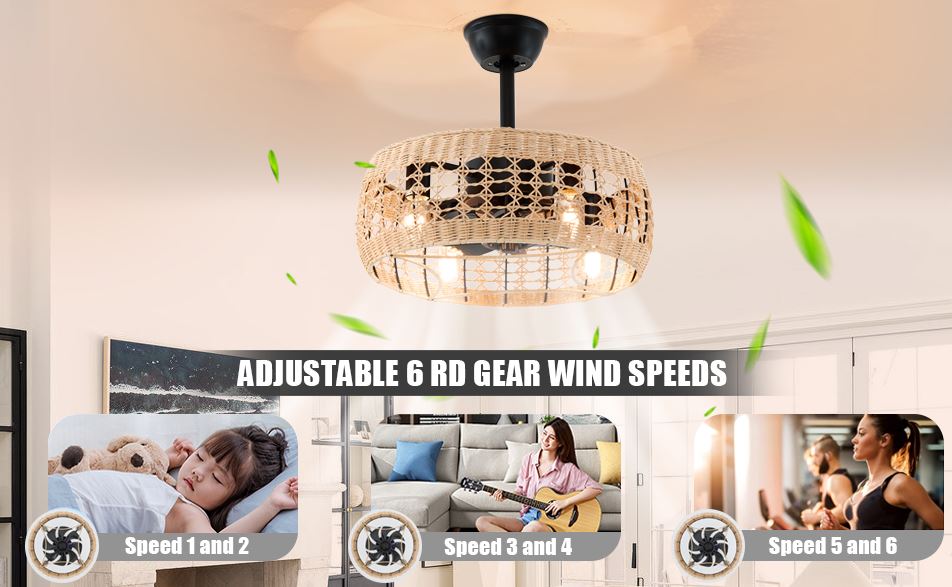 18" Rattan Caged Ceiling Fan with Lights and Remote,Black 4-Light Rattan Ceiling Fan with Light and Reversible Motor, Boho Rattan Chandelier Ceiling Fan for Bedroom, Living Room