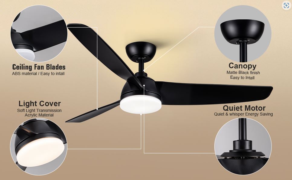 Modern Black 52 inch Ceiling Fan with Light, DC Motor, 6 Speeds, Remote Control, Indoor, Flat Black Finish