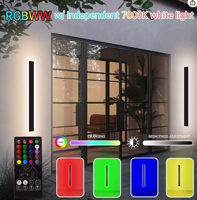 2-Packs Outdoor RGB Wall Light: 28W Modern Wall Sconce Fixture Rectangular Black LED Wall Lamp - 23.5 Inches - IP65 Waterproof Anti Rust for House Courtyard Balcony Porch